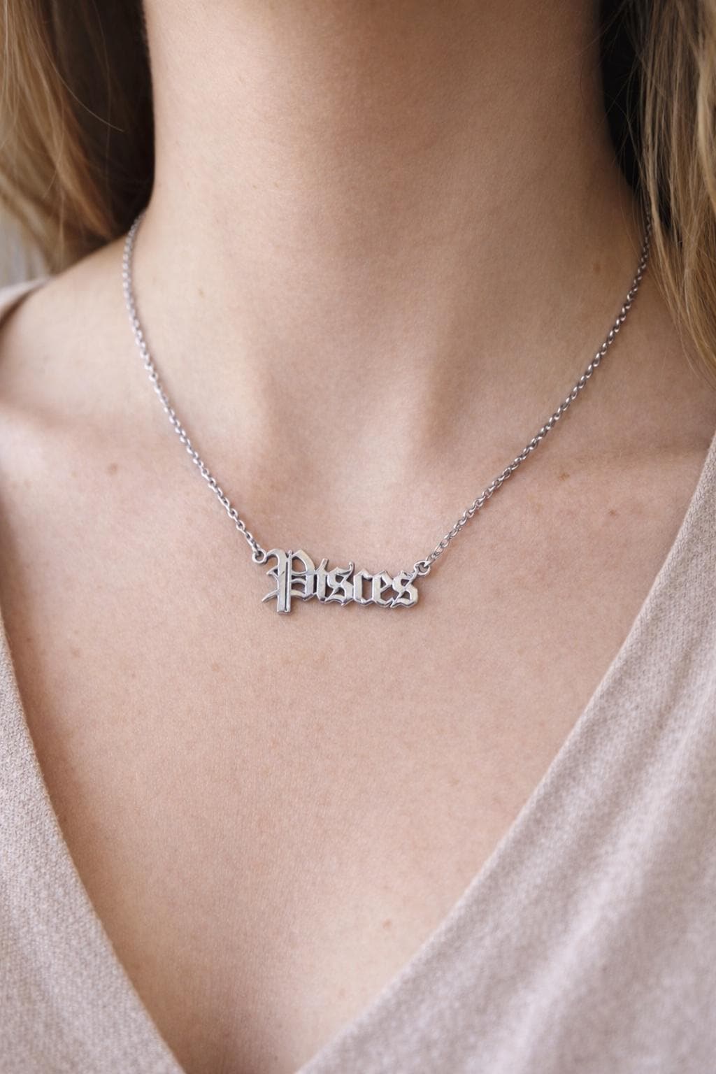 Pisces Necklace Silver | Zodiac Nameplate Necklace | Gothic Astrology Jewellery | Pisces Gift for Her | Horoscope Necklace