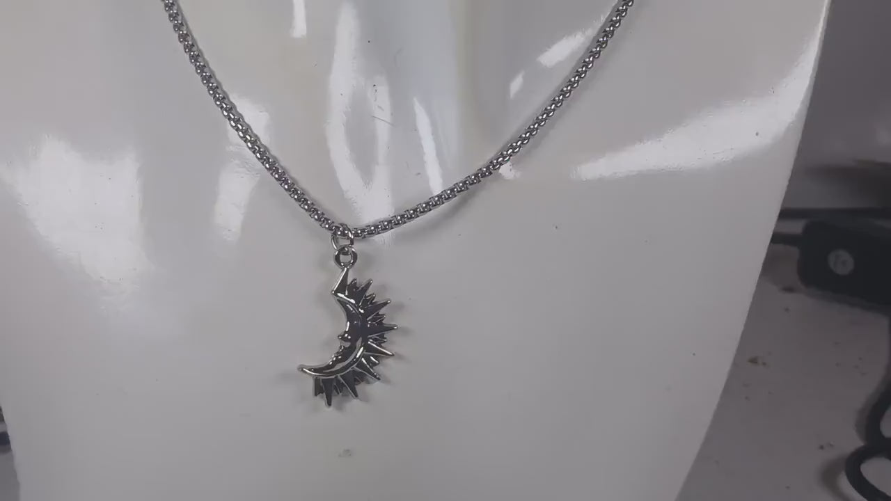 Silver Sun and Moon Pendant Necklace, Celestial Talisman