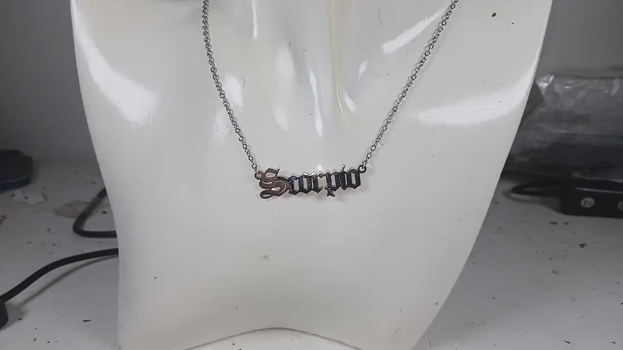 Scorpio Zodiac Necklace – Old English Style Horoscope Pendant, Astrology Jewelry Gift for Him & Her