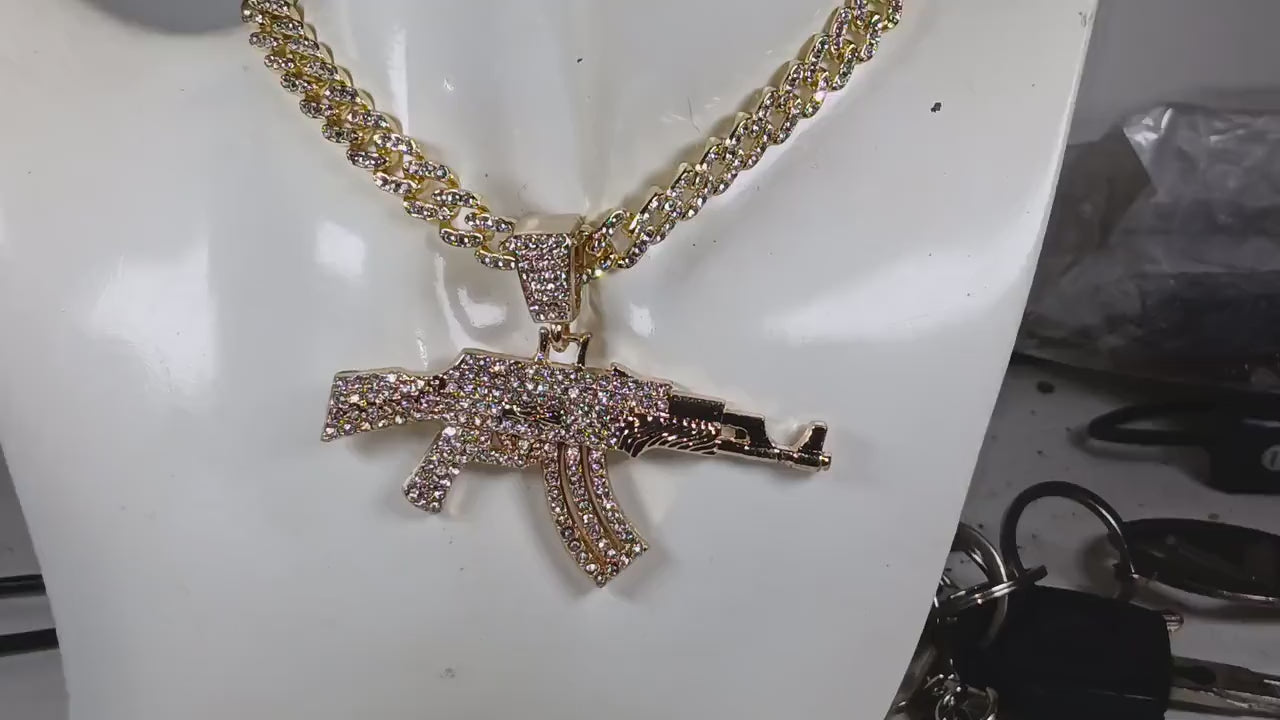 Iced AK-47 Pendant Necklace – 11mm Cuban Chain, Hip Hop Jewelry